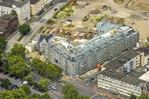 Aerial view, Mercator Quartier construction site and new building with scaffolding