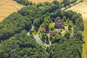Aerial view, moated castle, house Bisping