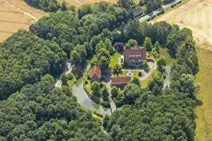Aerial view, moated castle, house Bisping