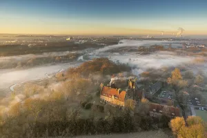 Aerial view, morning mist, Schloss Heessen castle boarding school