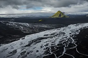 Aerial view, moss-covered Maelifell Mountain
