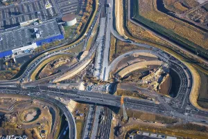 Aerial view of a motorway construction site