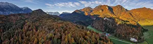 Aerial view of a mountain landscape in autumn