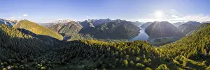 Aerial view, mountain panorama with Plansee lake in morning sun