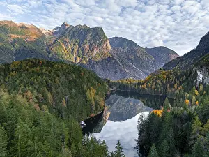 Aerial view, mountain peaks of the Oetztal Alps reflected in Lake Piburger See
