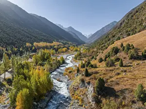 Aerial view, mountain stream Ala Archa flows through the Ala Archa valley
