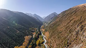 Aerial view, mountain stream Ala Archa flows through the Ala Archa valley