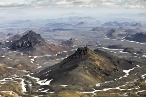 Aerial view of mountains and the desert-like Odathahraun landscape