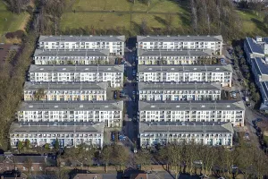 Aerial view, multi-family terraced house housing estate at Prosperpark
