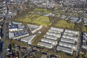 Aerial view, multi-family terraced house housing estate at Prosperpark