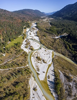 Category Mountain Landscapes Prints: Aerial view, natural riverbed of the upper Isar