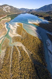 Aerial view, natural riverbed of the upper Isar in front of the Sylvenstein reservoir