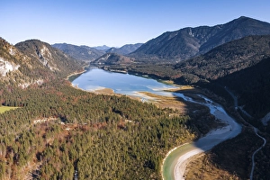 Aerial view, natural riverbed of the upper Isar in front of the Sylvenstein reservoir