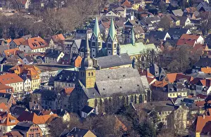 Aerial view, old town with catholic church St