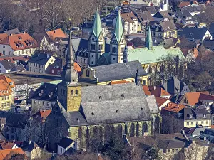 Aerial view, old town with catholic church St