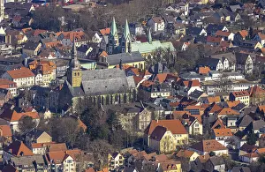 Aerial view, old town with catholic church St