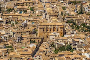 Aerial view, old town and church of Sant Andreu in Santanyi