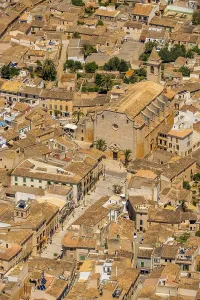 Aerial view, old town and church of Sant Andreu in Santanyi