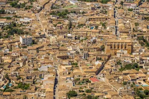 Aerial view, old town and church of Sant Andreu in Santanyi