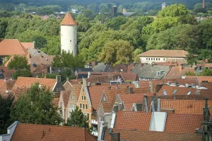 Aerial view, old town with fortified tower Buddenturm or Pulverturm