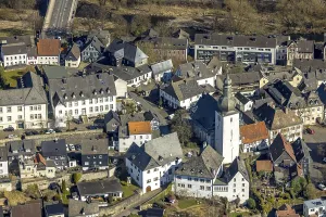 Aerial view, old town with half-timbered houses and bell tower of the town chapel St