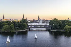 Aerial view of the Outer Alster and Inner Alster with sailing ships