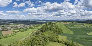 Aerial view, panorama of the Hegau volcano and the ruins of Magdeberg Castle