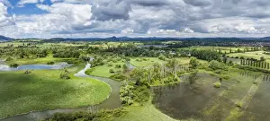Aerial view, panorama of the Radolfzeller Aachried with the Radolfzeller Aach at high water