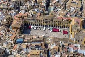 Aerial view, Placa Major, historic square with cafes