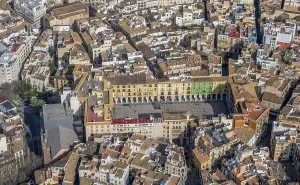 Aerial view, Placa Major, public square with shops and cafes and arts and crafts market