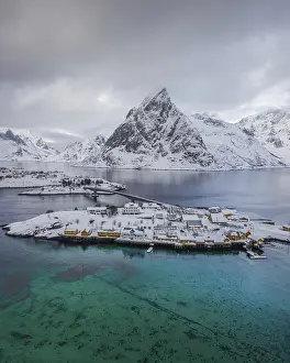 Aerial view, place Hamnoy in winter
