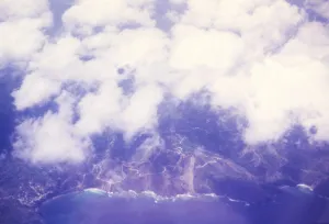 Aerial view from place window of landslide on leeward coast of Tobago c 1963