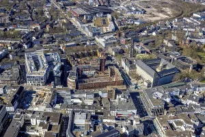 Aerial view, red brick building inner courtyard with construction site for Haus des Wissens