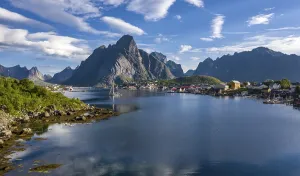 Aerial view Reine, Reinefjord with mountains