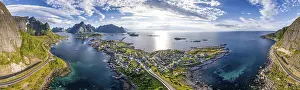 Framed Print : Aerial view Reine, Reinefjord with mountains Framed Print : Aerial view Reine, Reinefjord with mountains