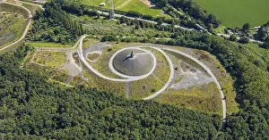 Aerial view, Rheinelbe slag heap in forest area with sculpture Himmelstreppe