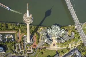 Aerial view, Rhine Tower in the Rhine Park Bilk near the Media Harbour on the river Rhine