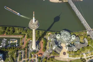 Aerial view, Rhine Tower in the Rhine Park Bilk near the Media Harbour on the river Rhine