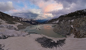 Aerial view over the Rhone glacier with the glacial lake