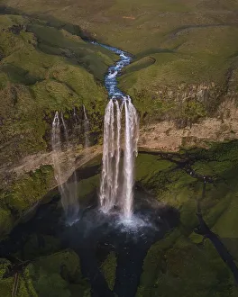 Aerial view, river course with Seljalandsfoss waterfall
