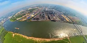 Aerial view, river Rhine outer harbour with inland navigation
