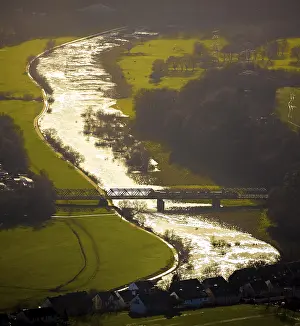 Aerial view, Ruhr river, Hattingen railway bridge