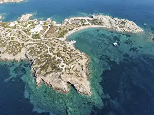Aerial view, sailing catamaran in a bay on the Turquoise Sea