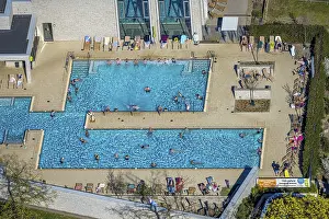 Aerial view, saltwater pool, outdoor swimming pool and bathers