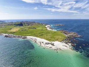 Aerial view of the sandy White Strand of the Monks on the northern part of the Isle of Iona