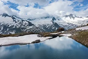 Aerial view, Schwarzsee, behind glacier Schwarzensteinkees and Hornkees with summit of Hornspitze