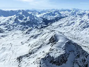 Aerial view, snowy mountain landscape