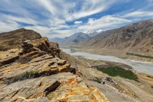 Aerial view of Spiti valley and Key aka Ki gompa Buddhist monastery in Himalayas