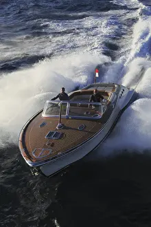 Aerial view sports boat J Craft 42 Torpedo R at full speed on the Cote d'Azur