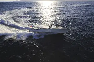 Aerial view sports boat J Craft 42 Torpedo R at full speed on the Cote d'Azur